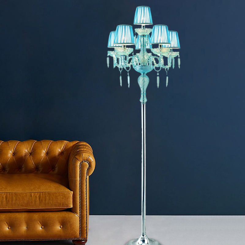 Blue 5/6/7-Bulb Standing Light Traditional Crystal Candelabra Reading Floor Lamp with Barrel Pleated Shade Clearhalo 'Floor Lamps' 'Lamps' Lighting' 1503587