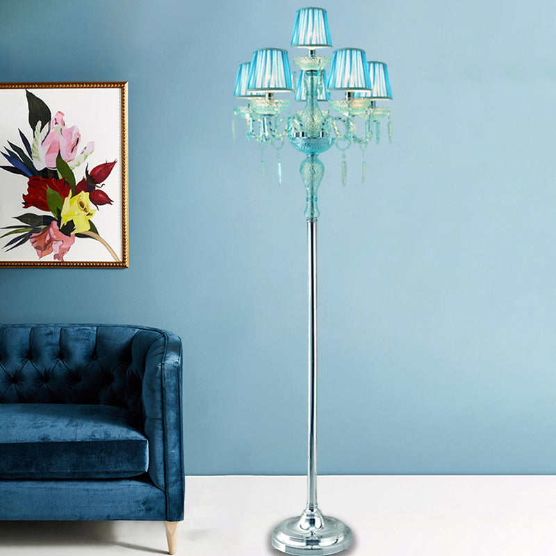 Blue 5/6/7-Bulb Standing Light Traditional Crystal Candelabra Reading Floor Lamp with Barrel Pleated Shade Clearhalo 'Floor Lamps' 'Lamps' Lighting' 1503588