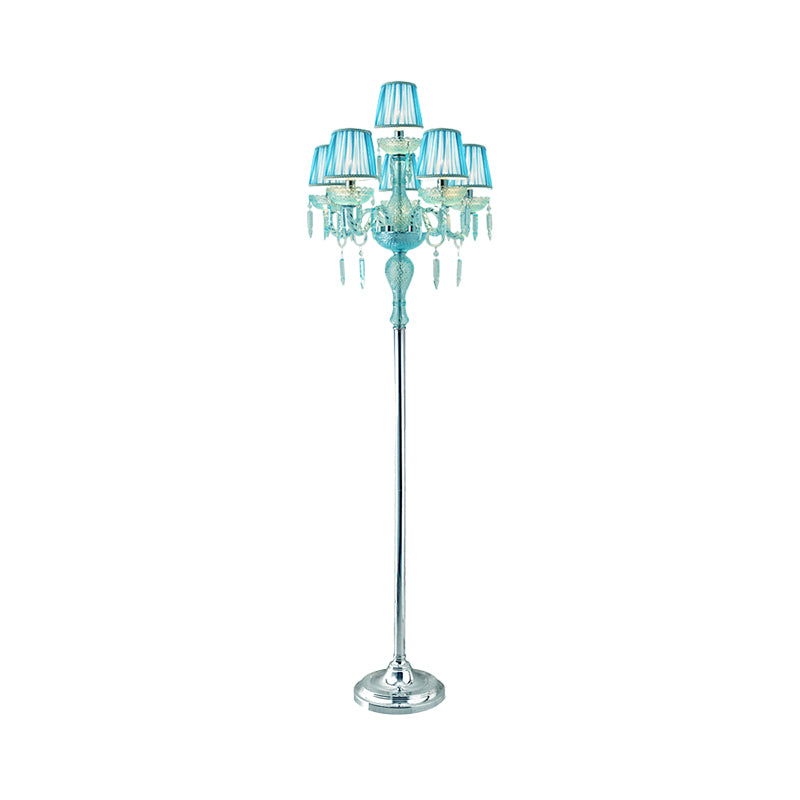 Blue 5/6/7-Bulb Standing Light Traditional Crystal Candelabra Reading Floor Lamp with Barrel Pleated Shade Clearhalo 'Floor Lamps' 'Lamps' Lighting' 1503589
