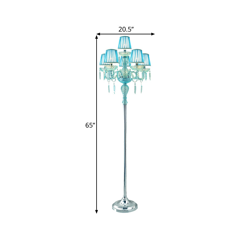 Blue 5/6/7-Bulb Standing Light Traditional Crystal Candelabra Reading Floor Lamp with Barrel Pleated Shade Clearhalo 'Floor Lamps' 'Lamps' Lighting' 1503590