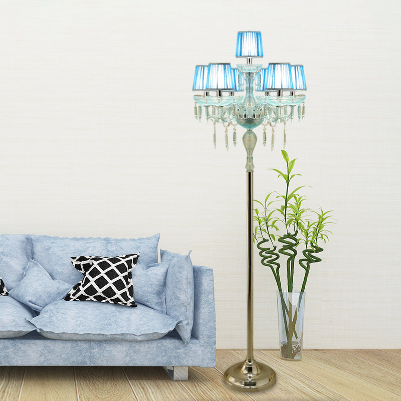 Blue 5/6/7-Bulb Standing Light Traditional Crystal Candelabra Reading Floor Lamp with Barrel Pleated Shade Clearhalo 'Floor Lamps' 'Lamps' Lighting' 1503592
