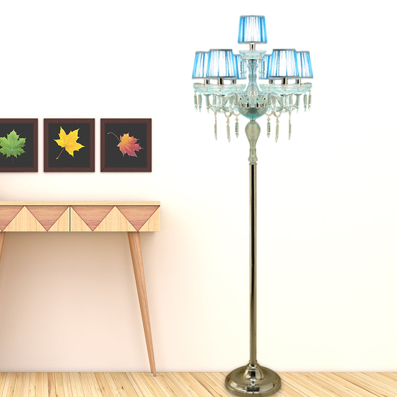 Blue 5/6/7-Bulb Standing Light Traditional Crystal Candelabra Reading Floor Lamp with Barrel Pleated Shade Clearhalo 'Floor Lamps' 'Lamps' Lighting' 1503593