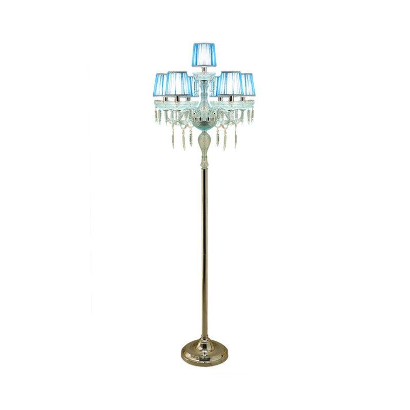 Blue 5/6/7-Bulb Standing Light Traditional Crystal Candelabra Reading Floor Lamp with Barrel Pleated Shade Clearhalo 'Floor Lamps' 'Lamps' Lighting' 1503594