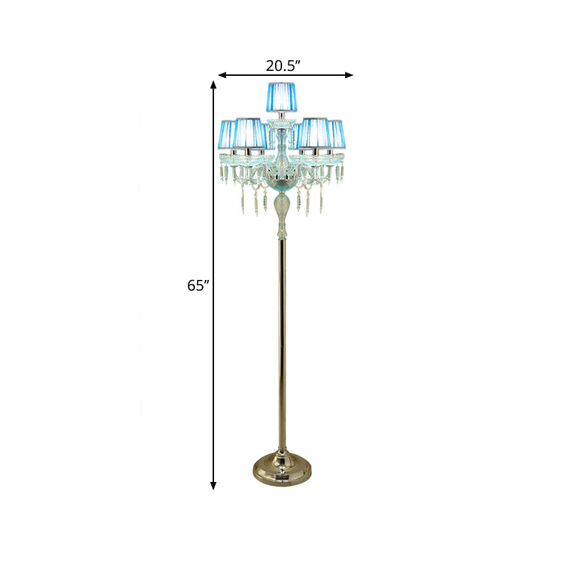 Blue 5/6/7-Bulb Standing Light Traditional Crystal Candelabra Reading Floor Lamp with Barrel Pleated Shade Clearhalo 'Floor Lamps' 'Lamps' Lighting' 1503595