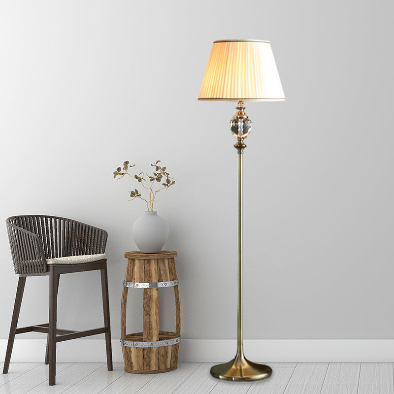 1-Bulb Crystal Stand up Lamp with Pleated/Tapered Shade Fabric Traditional Living Room Reading Floor Lamp in Coffee/Beige Clearhalo 'Floor Lamps' 'Lamps' Lighting' 1503597