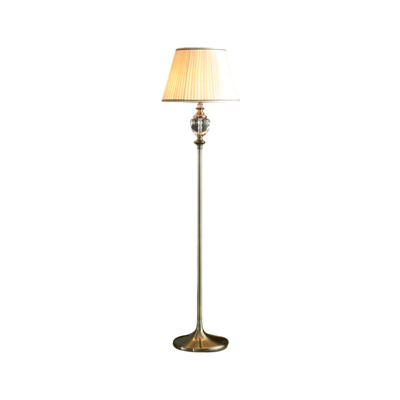 1-Bulb Crystal Stand up Lamp with Pleated/Tapered Shade Fabric Traditional Living Room Reading Floor Lamp in Coffee/Beige Clearhalo 'Floor Lamps' 'Lamps' Lighting' 1503598