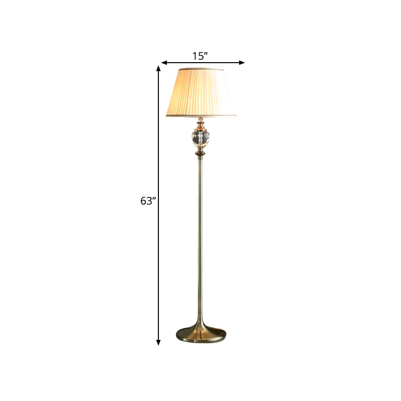 1-Bulb Crystal Stand up Lamp with Pleated/Tapered Shade Fabric Traditional Living Room Reading Floor Lamp in Coffee/Beige Clearhalo 'Floor Lamps' 'Lamps' Lighting' 1503599