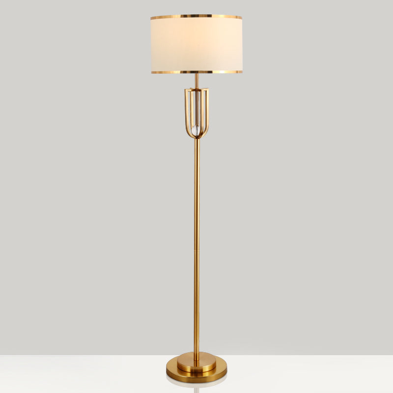 1-Head Intersected Frame Standing Light Traditional Bronze Metal Floor Lamp with White Drum Shade Clearhalo 'Floor Lamps' 'Lamps' Lighting' 1503614