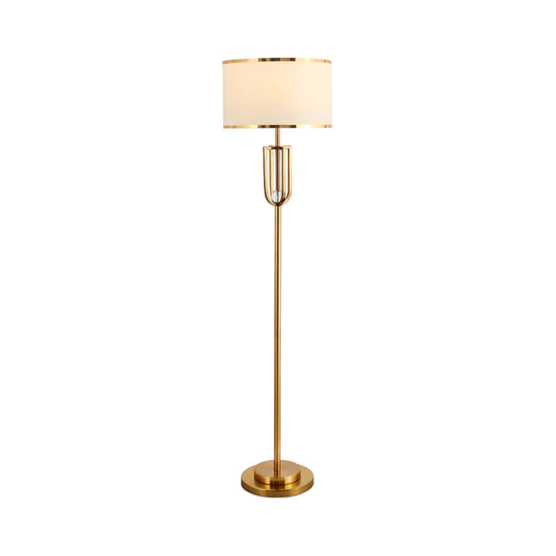1-Head Intersected Frame Standing Light Traditional Bronze Metal Floor Lamp with White Drum Shade Clearhalo 'Floor Lamps' 'Lamps' Lighting' 1503615