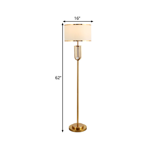 1-Head Intersected Frame Standing Light Traditional Bronze Metal Floor Lamp with White Drum Shade Clearhalo 'Floor Lamps' 'Lamps' Lighting' 1503616
