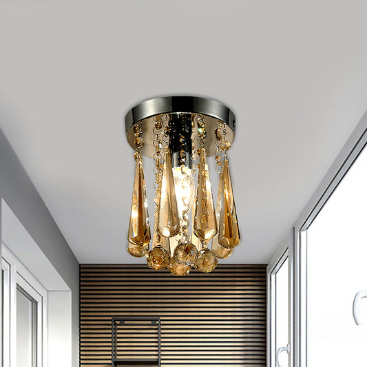 Contemporary Round Canopy Flush Mount 1 Head Cognac/Clear Crystal Droplets Close to Ceiling Lamp Clearhalo 'Ceiling Lights' 'Close To Ceiling Lights' 'Close to ceiling' 'Flush mount' Lighting' 1503622