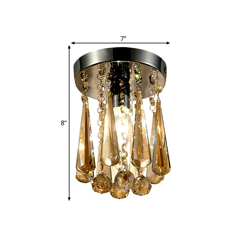 Contemporary Round Canopy Flush Mount 1 Head Cognac/Clear Crystal Droplets Close to Ceiling Lamp
