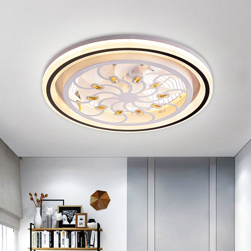 21.5' W LED Crystal Blocks Hanging Fan Lamp Contemporary White Round Dinning Room Semi Flush Light with 7 Blades Clearhalo 'Ceiling Fans with Lights' 'Ceiling Fans' 'Modern Ceiling Fans' 'Modern' Lighting' 1503687