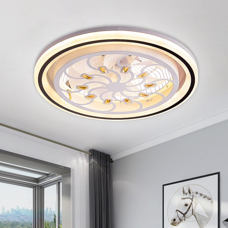 21.5' W LED Crystal Blocks Hanging Fan Lamp Contemporary White Round Dinning Room Semi Flush Light with 7 Blades Clearhalo 'Ceiling Fans with Lights' 'Ceiling Fans' 'Modern Ceiling Fans' 'Modern' Lighting' 1503688