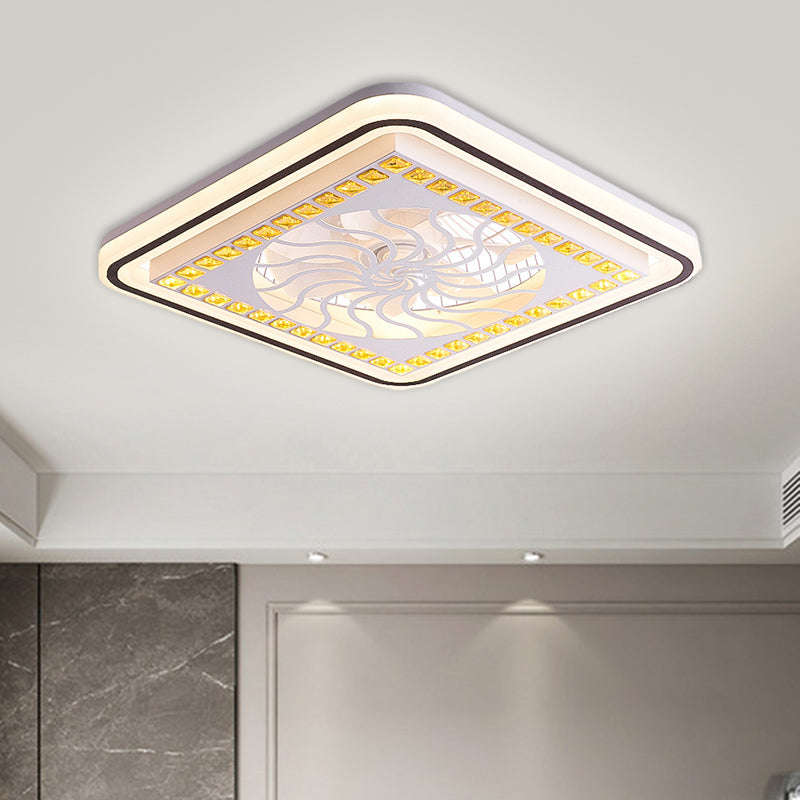 7 Blades LED Square Semi Flush Light Modern White Crystal Blocks Pendant Fan Lamp, 21.5" Wide White A Clearhalo 'Ceiling Fans with Lights' 'Ceiling Fans' 'Modern Ceiling Fans' 'Modern' Lighting' 1503691