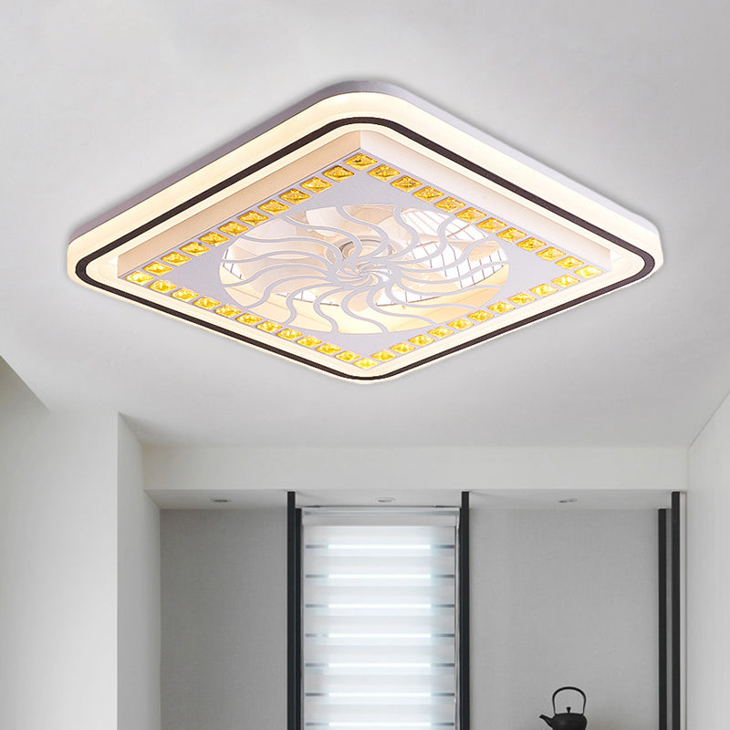 7 Blades LED Square Semi Flush Light Modern White Crystal Blocks Pendant Fan Lamp, 21.5" Wide Clearhalo 'Ceiling Fans with Lights' 'Ceiling Fans' 'Modern Ceiling Fans' 'Modern' Lighting' 1503692