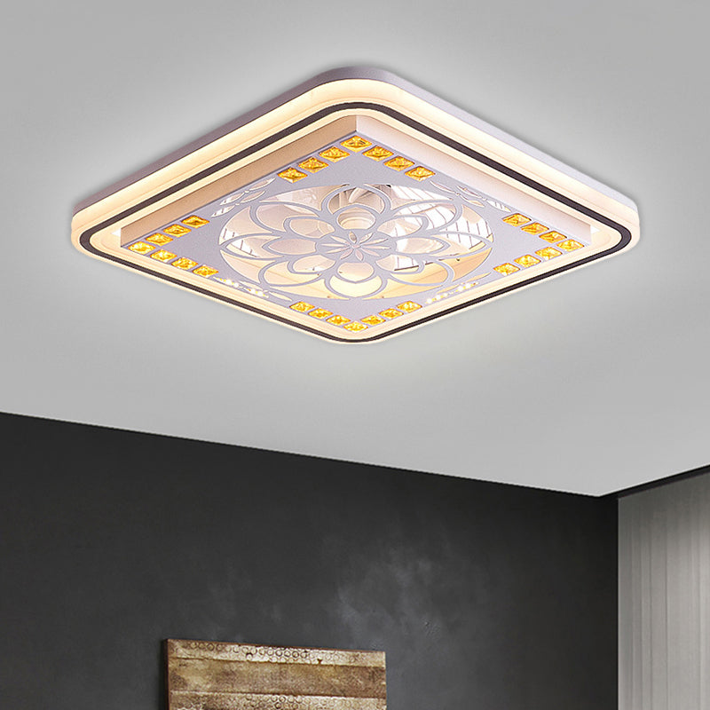 7 Blades LED Square Semi Flush Light Modern White Crystal Blocks Pendant Fan Lamp, 21.5" Wide Clearhalo 'Ceiling Fans with Lights' 'Ceiling Fans' 'Modern Ceiling Fans' 'Modern' Lighting' 1503696