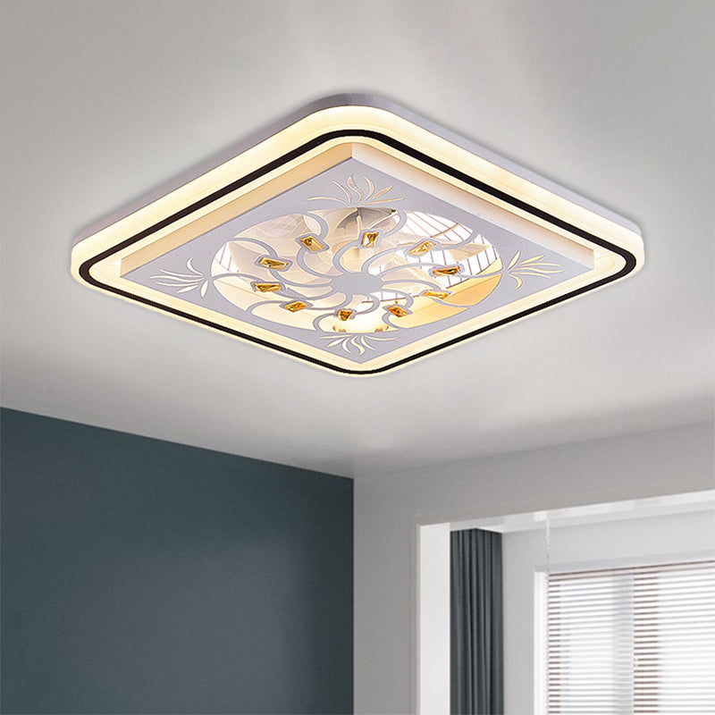 7 Blades LED Square Semi Flush Light Modern White Crystal Blocks Pendant Fan Lamp, 21.5" Wide White C Clearhalo 'Ceiling Fans with Lights' 'Ceiling Fans' 'Modern Ceiling Fans' 'Modern' Lighting' 1503700