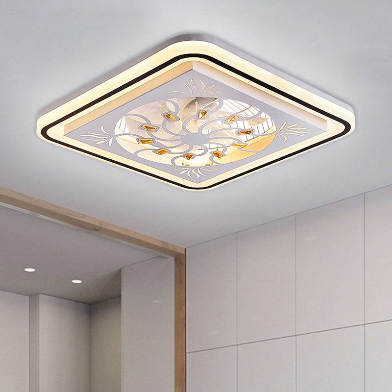 7 Blades LED Square Semi Flush Light Modern White Crystal Blocks Pendant Fan Lamp, 21.5" Wide Clearhalo 'Ceiling Fans with Lights' 'Ceiling Fans' 'Modern Ceiling Fans' 'Modern' Lighting' 1503702