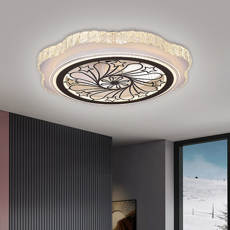 Sunflower/Plum Blossom/Star Pattern Hanging Fan Light Modern Rectangular-Cut Crystals 23.5" W LED White Semi-Flush Mount Clearhalo 'Ceiling Fans with Lights' 'Ceiling Fans' 'Modern Ceiling Fans' 'Modern' Lighting' 1503725