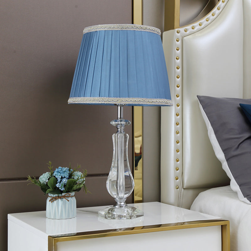 1 Head Flared/Pleated Shade Table Light Traditional Beige/Burgundy/Sky Blue Fabric Nightstand Lamp with Crystal Column Clearhalo 'Lamps' 'Table Lamps' Lighting' 1503730