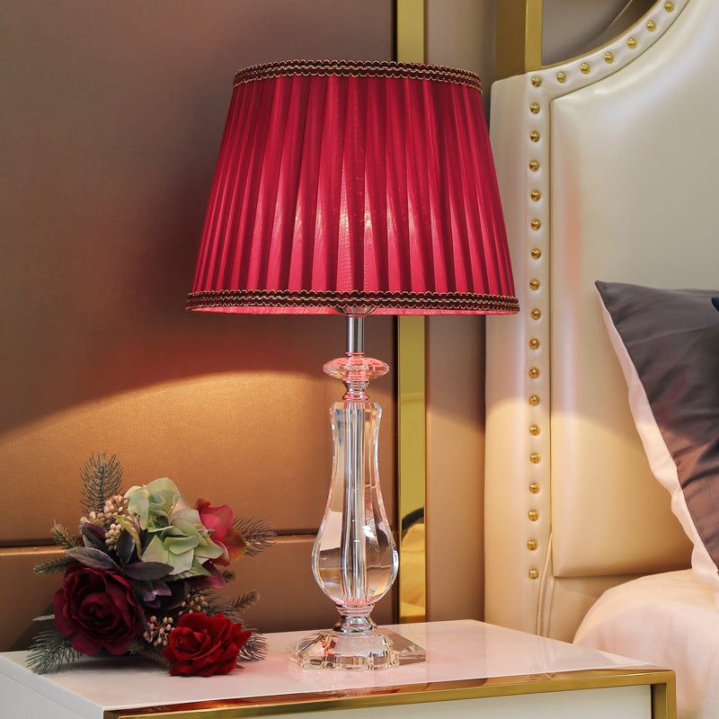 1 Head Flared/Pleated Shade Table Light Traditional Beige/Burgundy/Sky Blue Fabric Nightstand Lamp with Crystal Column Burgundy Clearhalo 'Lamps' 'Table Lamps' Lighting' 1503733