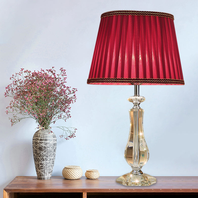 1 Head Flared/Pleated Shade Table Light Traditional Beige/Burgundy/Sky Blue Fabric Nightstand Lamp with Crystal Column Clearhalo 'Lamps' 'Table Lamps' Lighting' 1503734