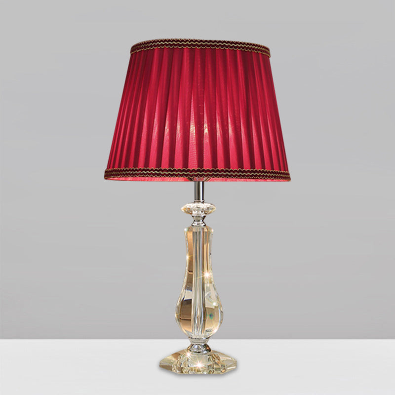 1 Head Flared/Pleated Shade Table Light Traditional Beige/Burgundy/Sky Blue Fabric Nightstand Lamp with Crystal Column Clearhalo 'Lamps' 'Table Lamps' Lighting' 1503735