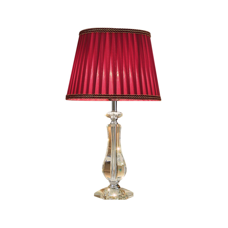 1 Head Flared/Pleated Shade Table Light Traditional Beige/Burgundy/Sky Blue Fabric Nightstand Lamp with Crystal Column Clearhalo 'Lamps' 'Table Lamps' Lighting' 1503736
