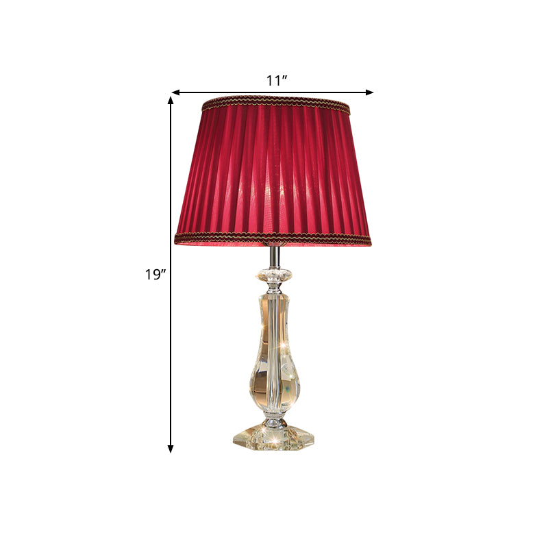 1 Head Flared/Pleated Shade Table Light Traditional Beige/Burgundy/Sky Blue Fabric Nightstand Lamp with Crystal Column Clearhalo 'Lamps' 'Table Lamps' Lighting' 1503737