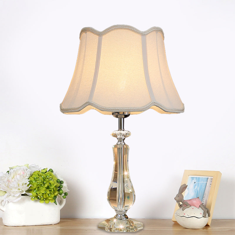 1 Head Flared/Pleated Shade Table Light Traditional Beige/Burgundy/Sky Blue Fabric Nightstand Lamp with Crystal Column Clearhalo 'Lamps' 'Table Lamps' Lighting' 1503740