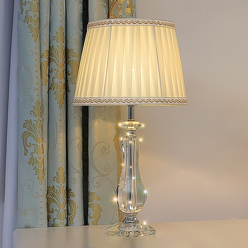 1 Head Flared/Pleated Shade Table Light Traditional Beige/Burgundy/Sky Blue Fabric Nightstand Lamp with Crystal Column Beige Clearhalo 'Lamps' 'Table Lamps' Lighting' 1503743