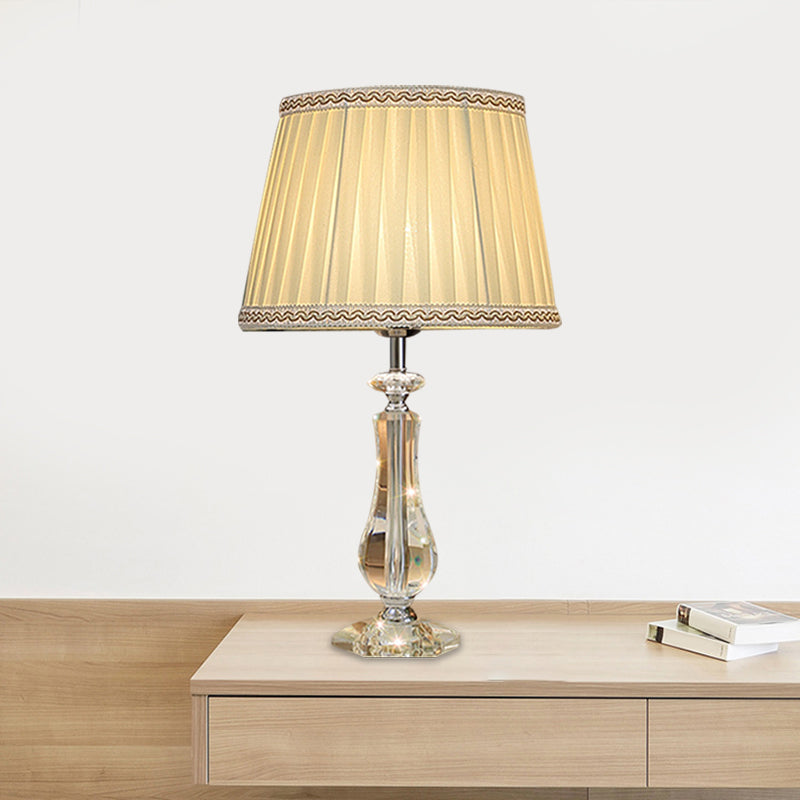 1 Head Flared/Pleated Shade Table Light Traditional Beige/Burgundy/Sky Blue Fabric Nightstand Lamp with Crystal Column Clearhalo 'Lamps' 'Table Lamps' Lighting' 1503744