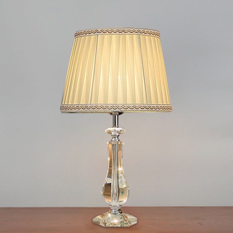 1 Head Flared/Pleated Shade Table Light Traditional Beige/Burgundy/Sky Blue Fabric Nightstand Lamp with Crystal Column Clearhalo 'Lamps' 'Table Lamps' Lighting' 1503745