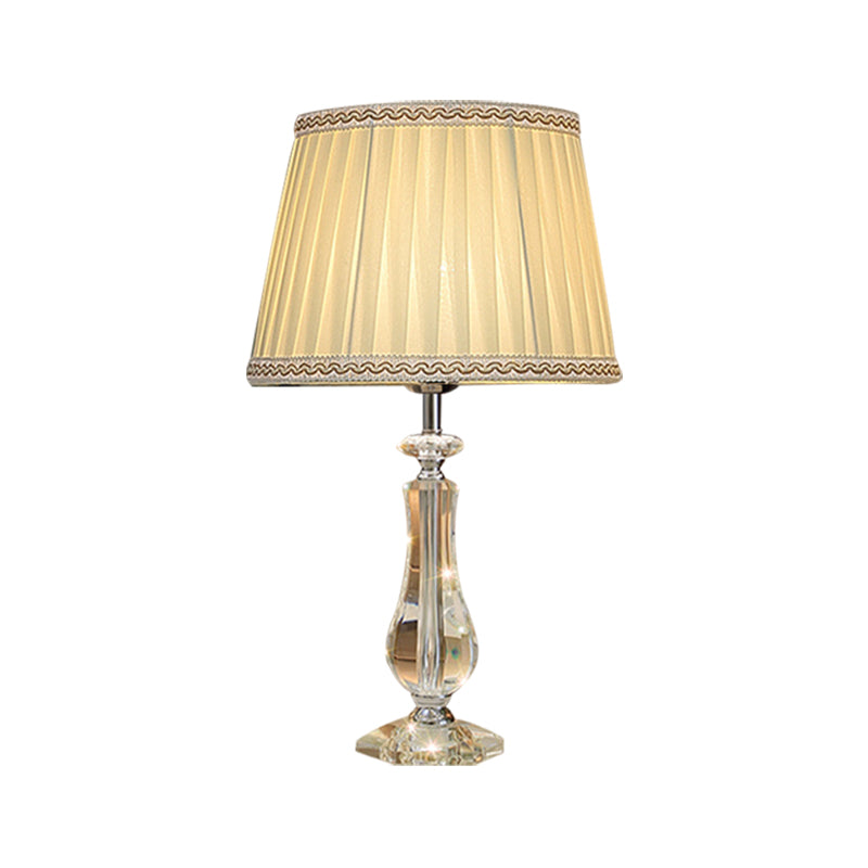 1 Head Flared/Pleated Shade Table Light Traditional Beige/Burgundy/Sky Blue Fabric Nightstand Lamp with Crystal Column Clearhalo 'Lamps' 'Table Lamps' Lighting' 1503746