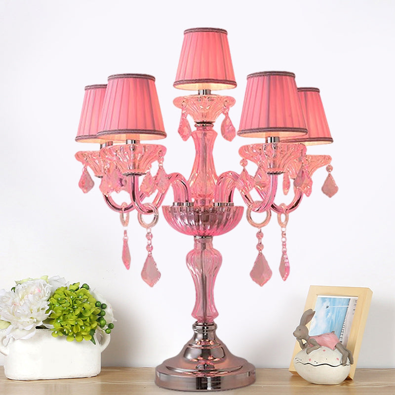 Candle Bedroom Table Light Traditional Crystal Spears 5/6/7 Bulbs Pink Nightstand Lamp with Pleated Fabric Shade 5.0 Pink Clearhalo 'Lamps' 'Table Lamps' Lighting' 1503752