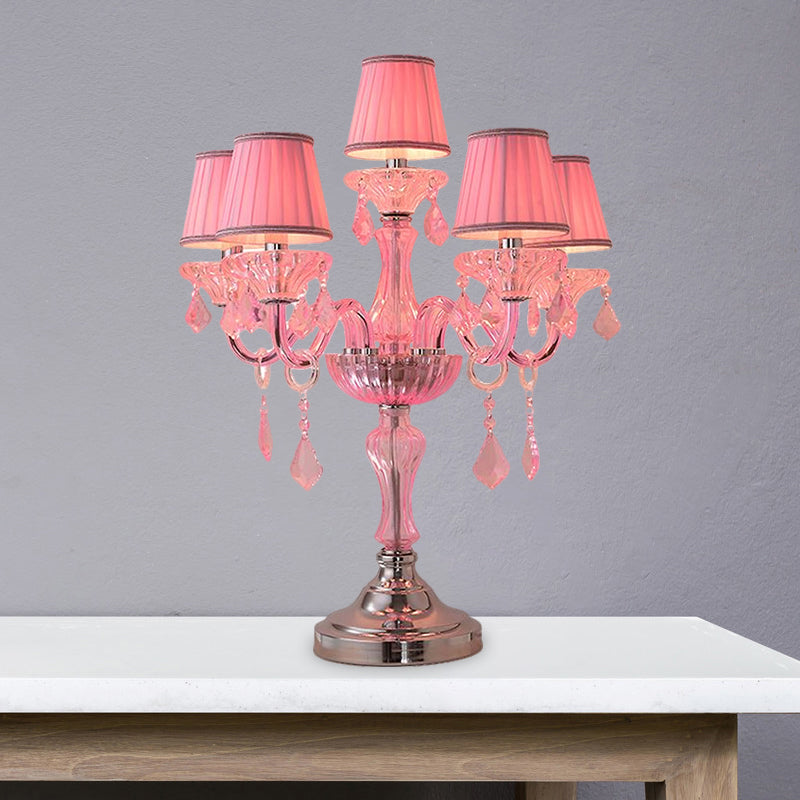 Candle Bedroom Table Light Traditional Crystal Spears 5/6/7 Bulbs Pink Nightstand Lamp with Pleated Fabric Shade Clearhalo 'Lamps' 'Table Lamps' Lighting' 1503753