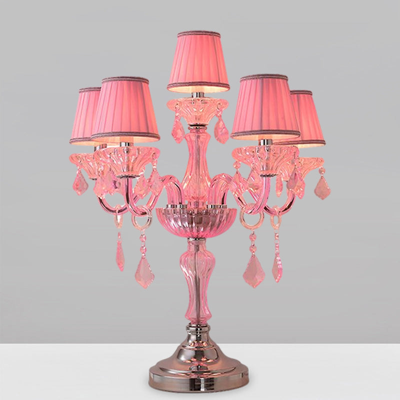 Candle Bedroom Table Light Traditional Crystal Spears 5/6/7 Bulbs Pink Nightstand Lamp with Pleated Fabric Shade Clearhalo 'Lamps' 'Table Lamps' Lighting' 1503754