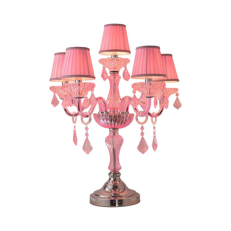 Candle Bedroom Table Light Traditional Crystal Spears 5/6/7 Bulbs Pink Nightstand Lamp with Pleated Fabric Shade Clearhalo 'Lamps' 'Table Lamps' Lighting' 1503755