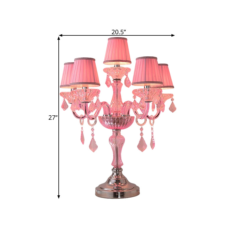 Candle Bedroom Table Light Traditional Crystal Spears 5/6/7 Bulbs Pink Nightstand Lamp with Pleated Fabric Shade Clearhalo 'Lamps' 'Table Lamps' Lighting' 1503756