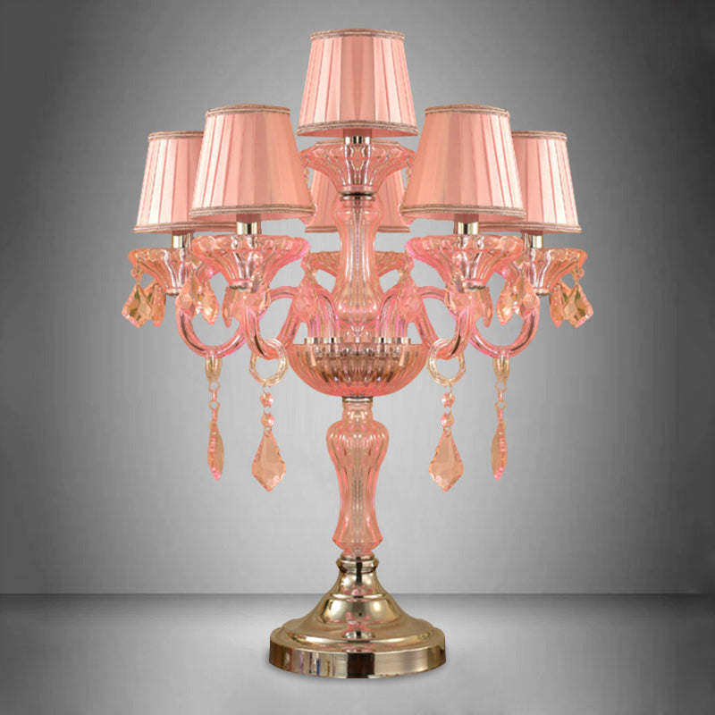 Candle Bedroom Table Light Traditional Crystal Spears 5/6/7 Bulbs Pink Nightstand Lamp with Pleated Fabric Shade 6.0 Pink Clearhalo 'Lamps' 'Table Lamps' Lighting' 1503757