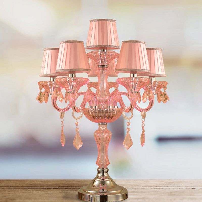 Candle Bedroom Table Light Traditional Crystal Spears 5/6/7 Bulbs Pink Nightstand Lamp with Pleated Fabric Shade Clearhalo 'Lamps' 'Table Lamps' Lighting' 1503758