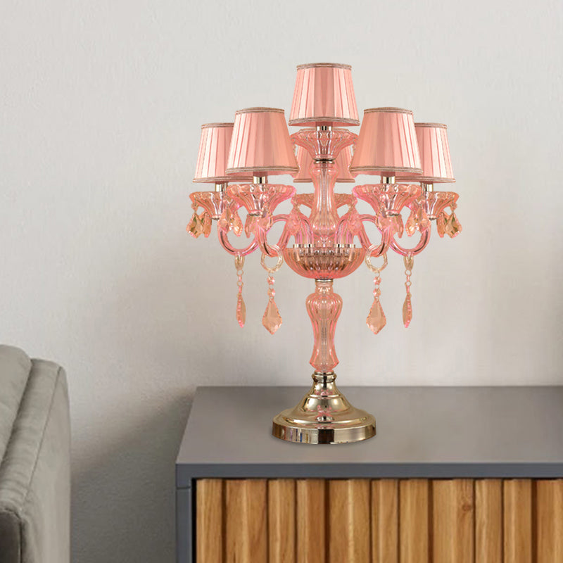 Candle Bedroom Table Light Traditional Crystal Spears 5/6/7 Bulbs Pink Nightstand Lamp with Pleated Fabric Shade Clearhalo 'Lamps' 'Table Lamps' Lighting' 1503759