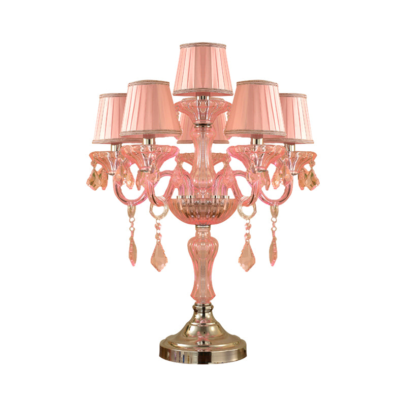 Candle Bedroom Table Light Traditional Crystal Spears 5/6/7 Bulbs Pink Nightstand Lamp with Pleated Fabric Shade Clearhalo 'Lamps' 'Table Lamps' Lighting' 1503760