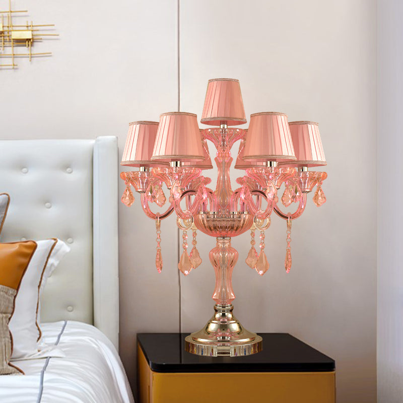 Candle Bedroom Table Light Traditional Crystal Spears 5/6/7 Bulbs Pink Nightstand Lamp with Pleated Fabric Shade 7.0 Pink Clearhalo 'Lamps' 'Table Lamps' Lighting' 1503762