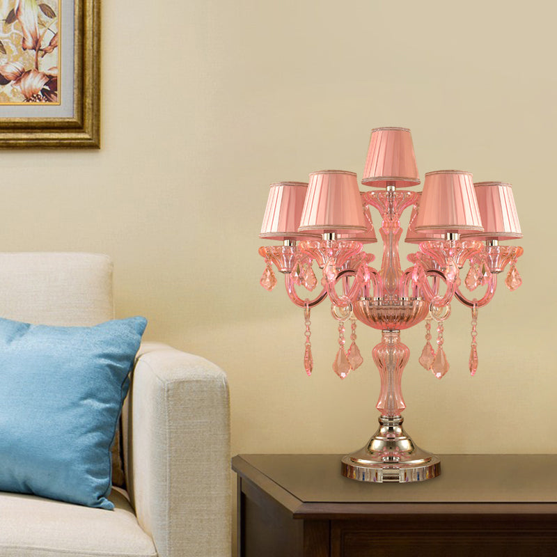 Candle Bedroom Table Light Traditional Crystal Spears 5/6/7 Bulbs Pink Nightstand Lamp with Pleated Fabric Shade Clearhalo 'Lamps' 'Table Lamps' Lighting' 1503763