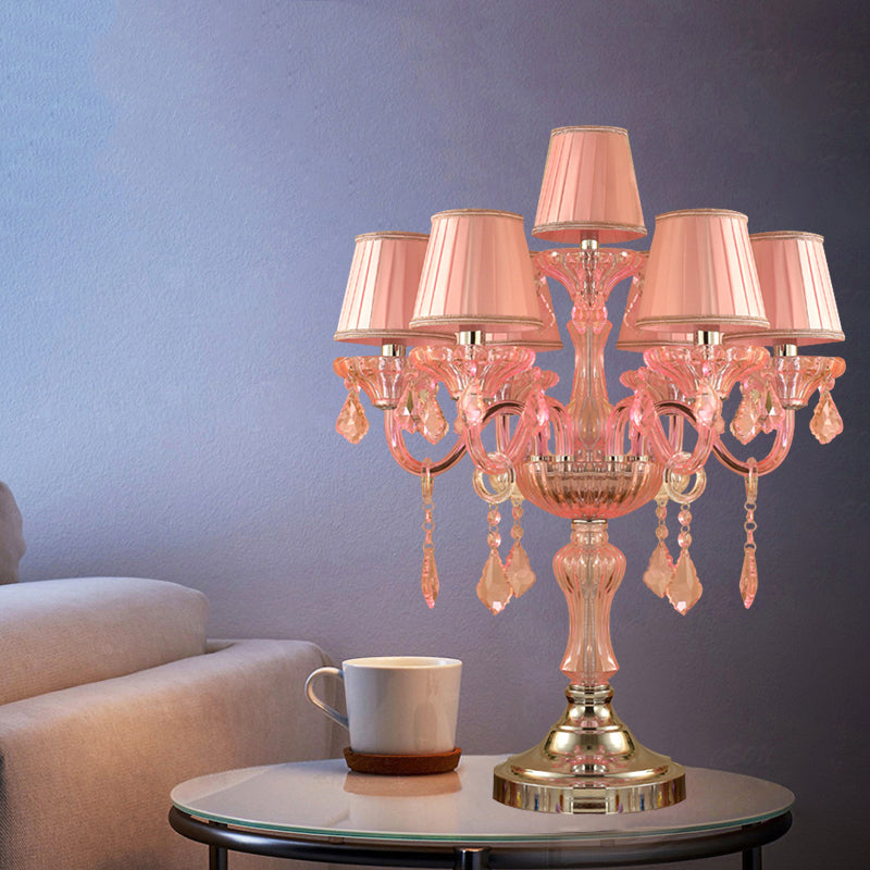 Candle Bedroom Table Light Traditional Crystal Spears 5/6/7 Bulbs Pink Nightstand Lamp with Pleated Fabric Shade Clearhalo 'Lamps' 'Table Lamps' Lighting' 1503764
