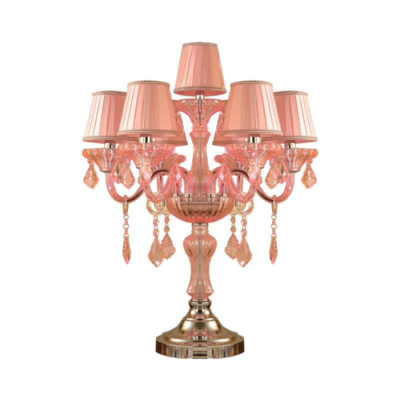 Candle Bedroom Table Light Traditional Crystal Spears 5/6/7 Bulbs Pink Nightstand Lamp with Pleated Fabric Shade Clearhalo 'Lamps' 'Table Lamps' Lighting' 1503765
