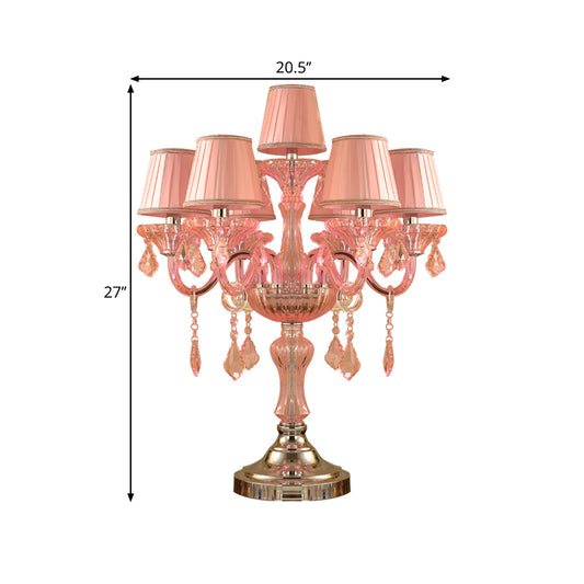 Candle Bedroom Table Light Traditional Crystal Spears 5/6/7 Bulbs Pink Nightstand Lamp with Pleated Fabric Shade Clearhalo 'Lamps' 'Table Lamps' Lighting' 1503766