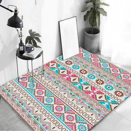 Banded Tribal Printed Rug with Native Symbols Polyester Washable Non-Slip Stain Resistant Area Rug for Bedroom in Blue and Pink Blue-Pink Clearhalo 'Area Rug' 'Rugs' 'Southwestern' Rug' 1503823